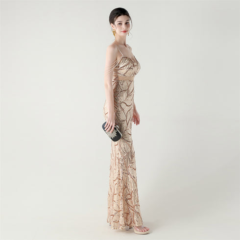 Graceful Sequin Embellished Mesh Mermaid Maxi Dress